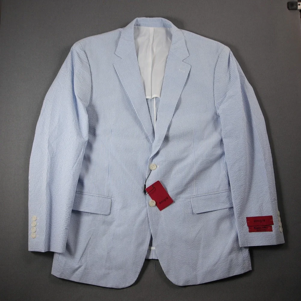 Super 140s Seersucker Striped Men Blazer R44 Resort Coastal Derby Ivy Emigre